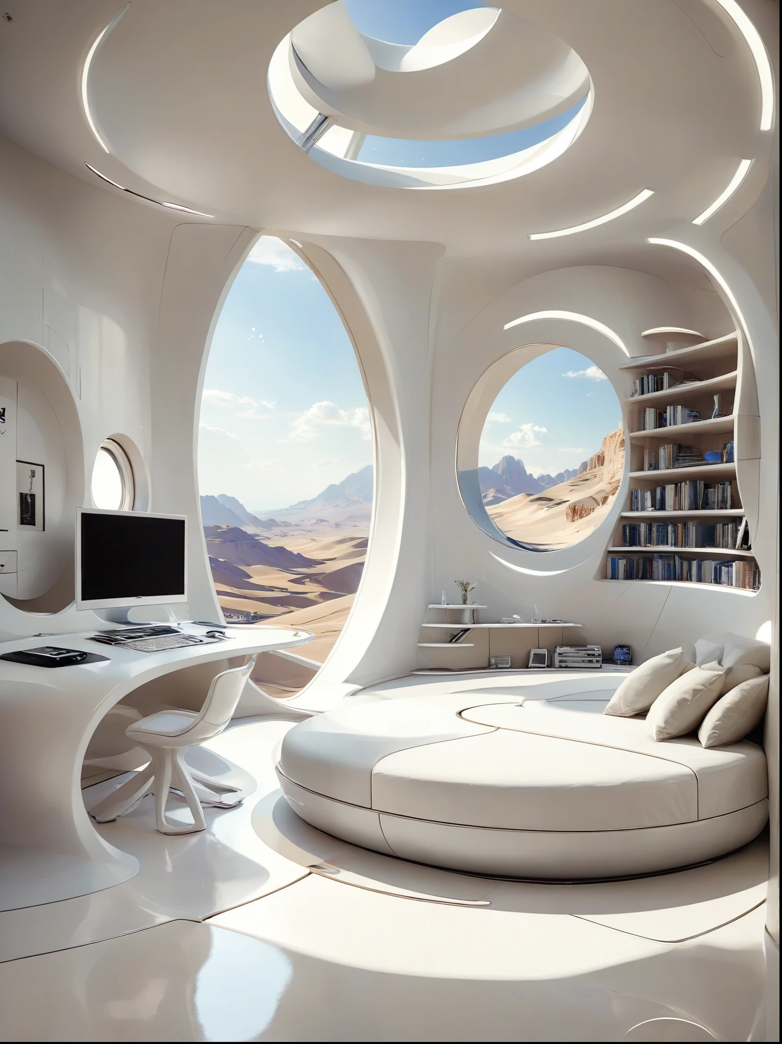 Bedroom study concept for futuristic home incorporates organic fluidity、Circles and geometric shapes，and use artistic imagination to render houses and landscapes, Pure white technology style，Spacious indoor space, style wabi sabi.