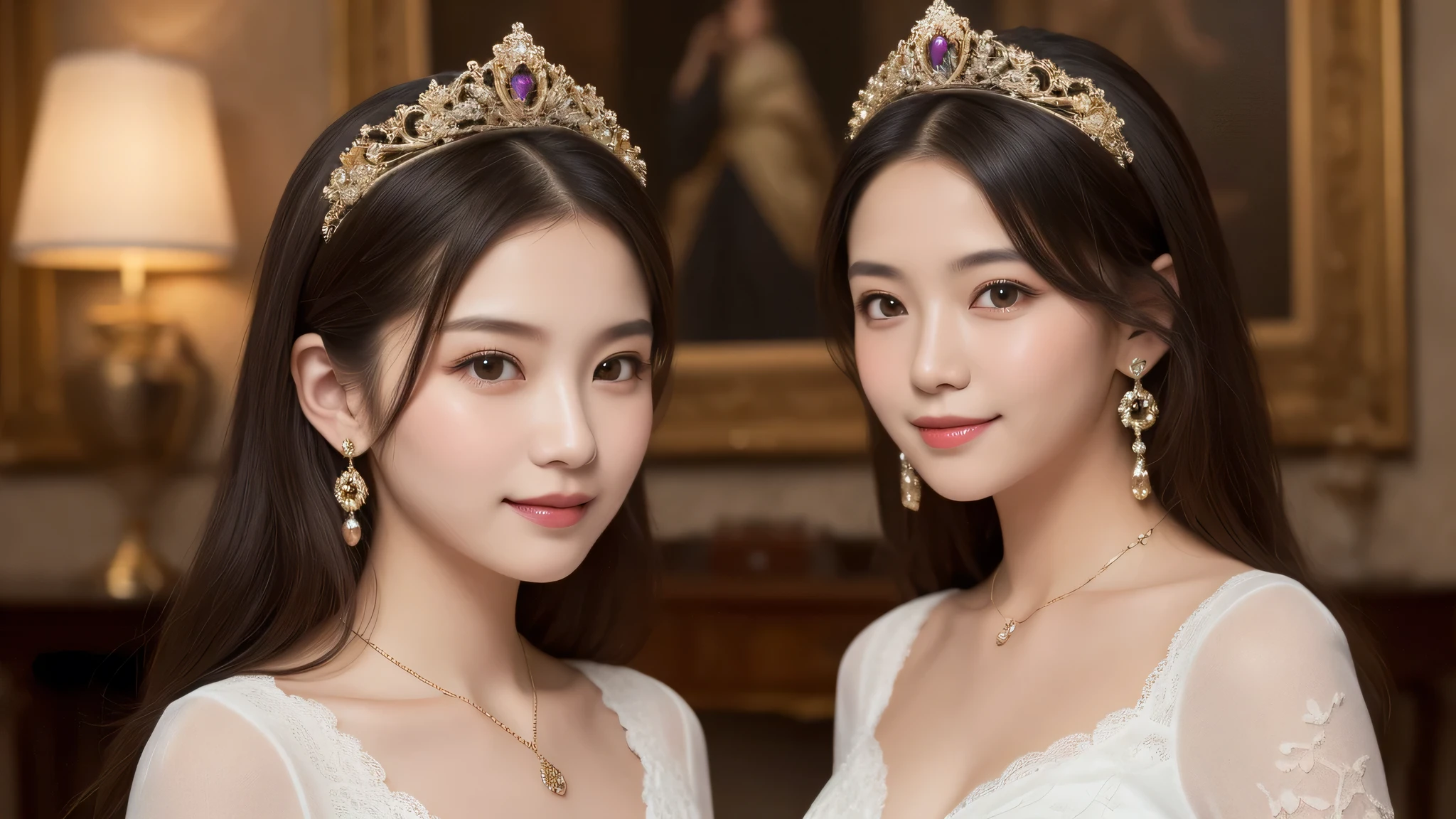 kawaii face, (2girl), (cute smile:1.2), (Super gorgeous lace costume, princess style:1.4), (ots of lace decorations, earrings, necklace), (costume with frills, mini skirt), cleavage, (best Quality:1.4), (hyper-realistic, hight resolution), Professional Photography, standing, Indoor, (royal living room, opulence, splendor, gorgeous, paintings, jewels, gold,), Close up portrait of girl, staring at me, (Fine face:1.2), 