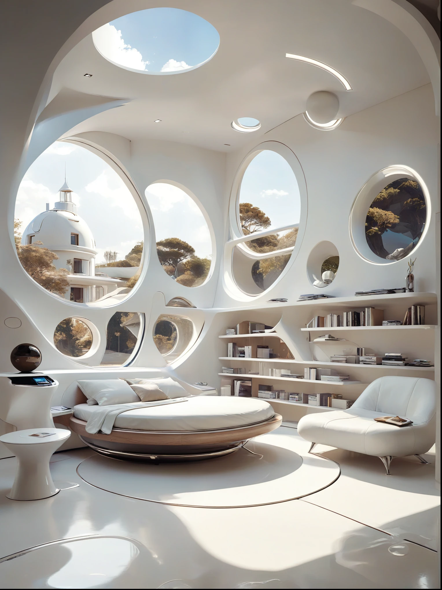 Bedroom study concept for futuristic home incorporates organic fluidity、Circles and geometric shapes，and use artistic imagination to render houses and landscapes, Pure white technology style，Spacious indoor space, style wabi sabi.