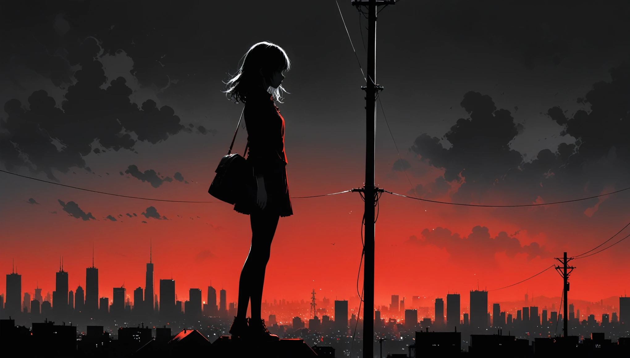 (in style of Ashley Wood:1.3),(in style of Takeshi Obata:0.9),
black and white urban skyline background,protruding utility poles,(a red silhouette of a young girl:1.6),minimalist silhouette,red silhouette,black and white background,wide_shot,silhouette of a teenage girl on a telephone pole,