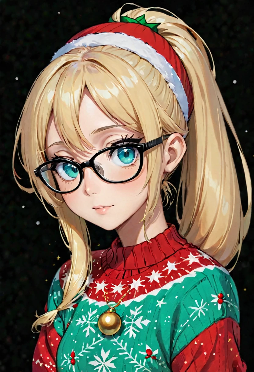 Anime girl, portrait style, black background, long light blonde ponytail, bright turquoise eyes,black glasses, christmas sweater, festive christmas headband