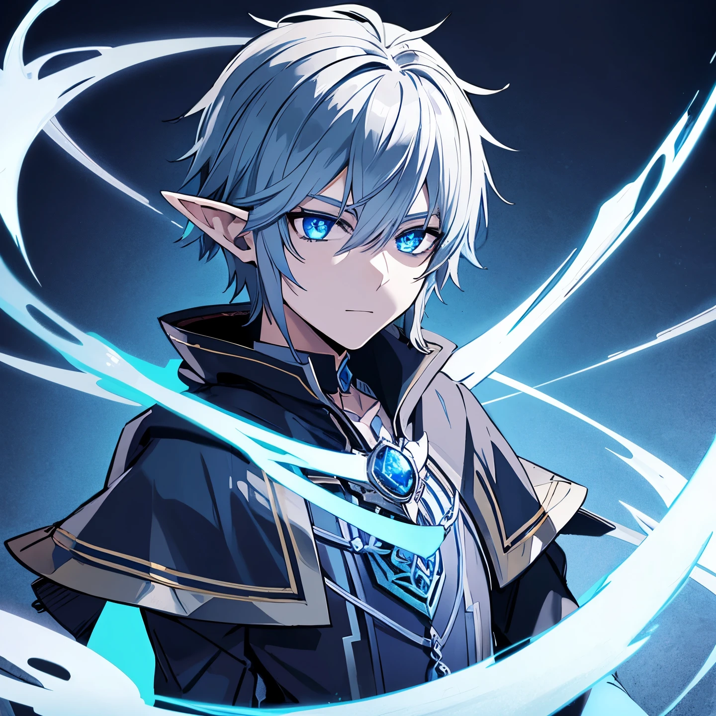 draw one elf magician boy w dark grayish blue skin, w dark dark gray hair, bright glowing blue eyes, w sapphire pendant, w blue metalic elements in cloths, wearing dark blue cloak w bright blue glowing elements in it