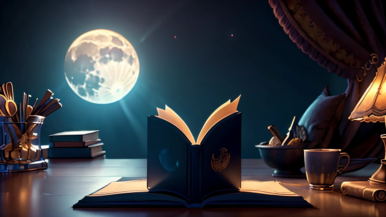 detailed open book, moon on horizon, cinematic lighting, soft glow, retro cinematic rendering, dramatic atmosphere, detailed texture, photorealistic, 8k, high quality, masterpiece, digital art, fantasy landscape, dramatic clouds, dramatic sky, dramatic lighting, dramatic colors, dramatic mood, dramatic composition, intricate details, volumetric lighting, dramatic chiaroscuro, dramatic highlights, dramatic shadows, dramatic contrast, dramatic depth of field, dramatic bokeh, dramatic color palette, dramatic mood lighting, dramatic environmental lighting, livros voando, COLOCAR A LUA NO MEIO DO LIVRO, coloque mais profundidade