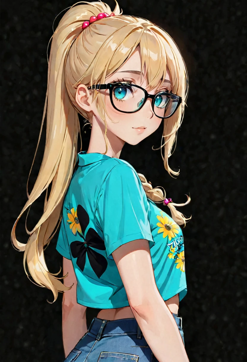 Anime girl, portrait style, black background, long light blonde ponytail, bright turquoise eyes,black glasses, casual summer outfit