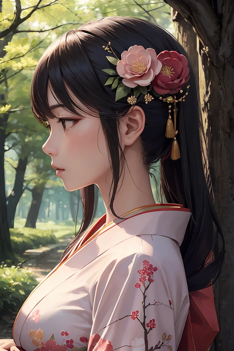 masterpiece ,highest quality, delicateな髪の美しい女性, Flowers, forest, early summer,profile,Fleeting,beauty,delicate,Cinematic,Japanese women,mature,Shiny woman,Downward Angle,Pink kimono,Flower Hair Ornaments