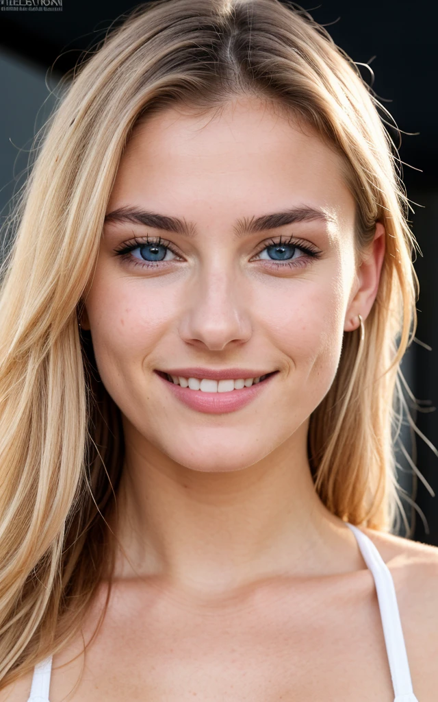 professional, (8K photo:1,1), (Focus:1,3), high detail, playful 18 year old Italian girl, (attractive young woman:1.3), (seductive:1.1), beautiful detailed face, blue eyes, blonde hair, (blushing:1.1), Beautiful young and athletic body, Beautiful breasts:1.2, beautiful smile, look into the camera, full face close up in studio with white background