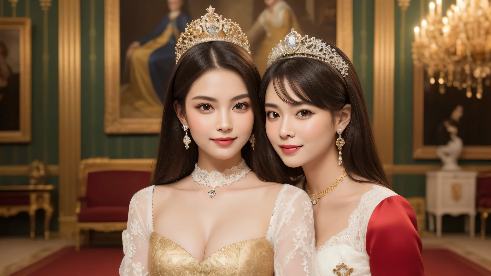 kawaii face, (2girl), (cute smile:1.2), (Super gorgeous lace costume, princess style:1.4), (ots of lace decorations, earrings, necklace), (costume with frills), cleavage, (best Quality:1.4), (hyper-realistic, hight resolution), Professional Photography, standing, Indoor, (royal living room, opulence, splendor, gorgeous, paintings, jewels, gold, exquisite:1.4), Close up portrait of girl, staring at me, (Fine face:1.2), 