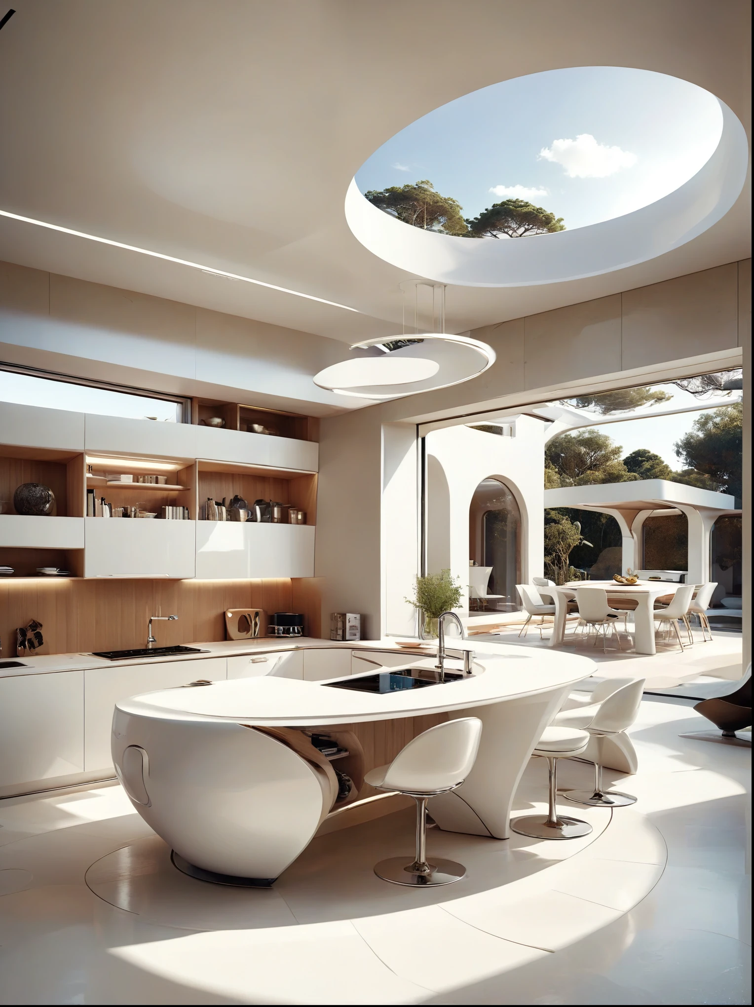 Kitchen  study concept for futuristic home incorporates organic fluidity、Circles and geometric shapes，and use artistic imagination to render houses and landscapes, Pure white technology style，Spacious indoor space, style wabi sabi.Wide angle