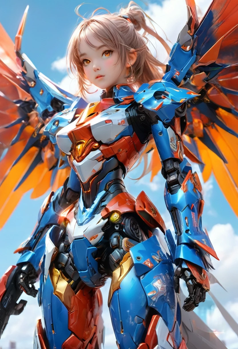 (full-body shot including toes, high resolution, masterpiece, highest quality, extremely detailed CG), realistic, photograph, astonishingly detailed, glossy and shiny, stunning multiple layers, 8k wallpaper, 3D, sketch, perfect proportions, mesmerizing beauty, celestial maiden, (mecha inspired by Warhammer 40,000:1.2), (mecha inspired by Neon Genesis Evangelion:1.5), (mecha inspired by Mobile Suit Gundam:1.2), (T-REX ferocity:1.3), (black metallic color scheme:1.4), (Pteranodon-like large wings:1.5), (heavy armor:1.4), (illuminated armor:1.2), (giant weapon:1.3), (flowing cloth:1.1), (red eyes and metallic body:1.2), (desolate battlefield background:1.4), sparks and debris, black, blue, white, orange, vibrant rainbow-colored particles
