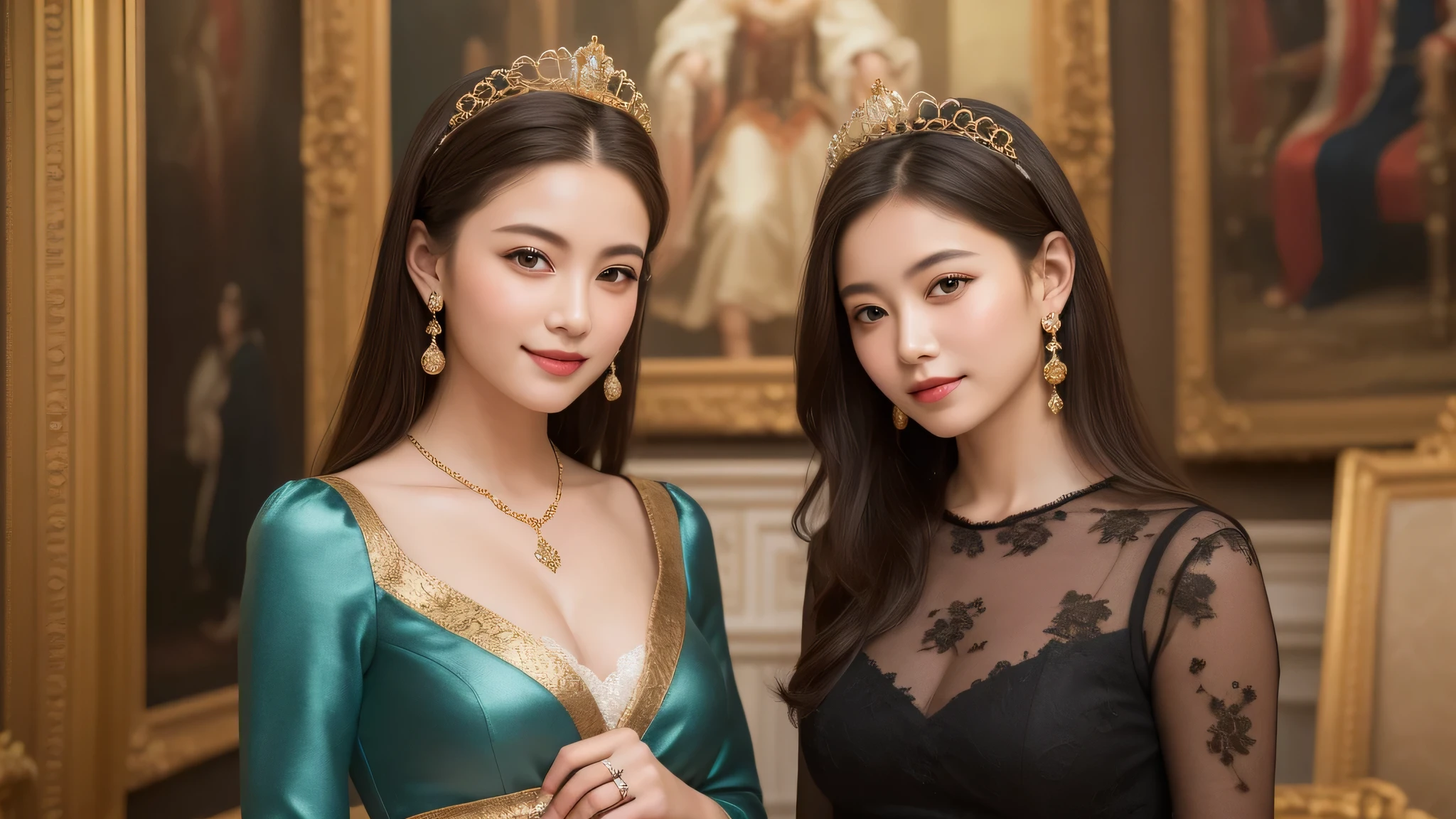 kawaii face, (2girl), (cute smile:1.2), (Super gorgeous lace costume, princess style:1.4), (ots of lace decorations, earrings, necklace), (costume with frills), cleavage, (best Quality:1.4), (hyper-realistic, hight resolution), Professional Photography, standing, Indoor, (royal living room, opulence, splendor, gorgeous, paintings, jewels, gold,), Close up portrait of girl, staring at me, (Fine face:1.2), 