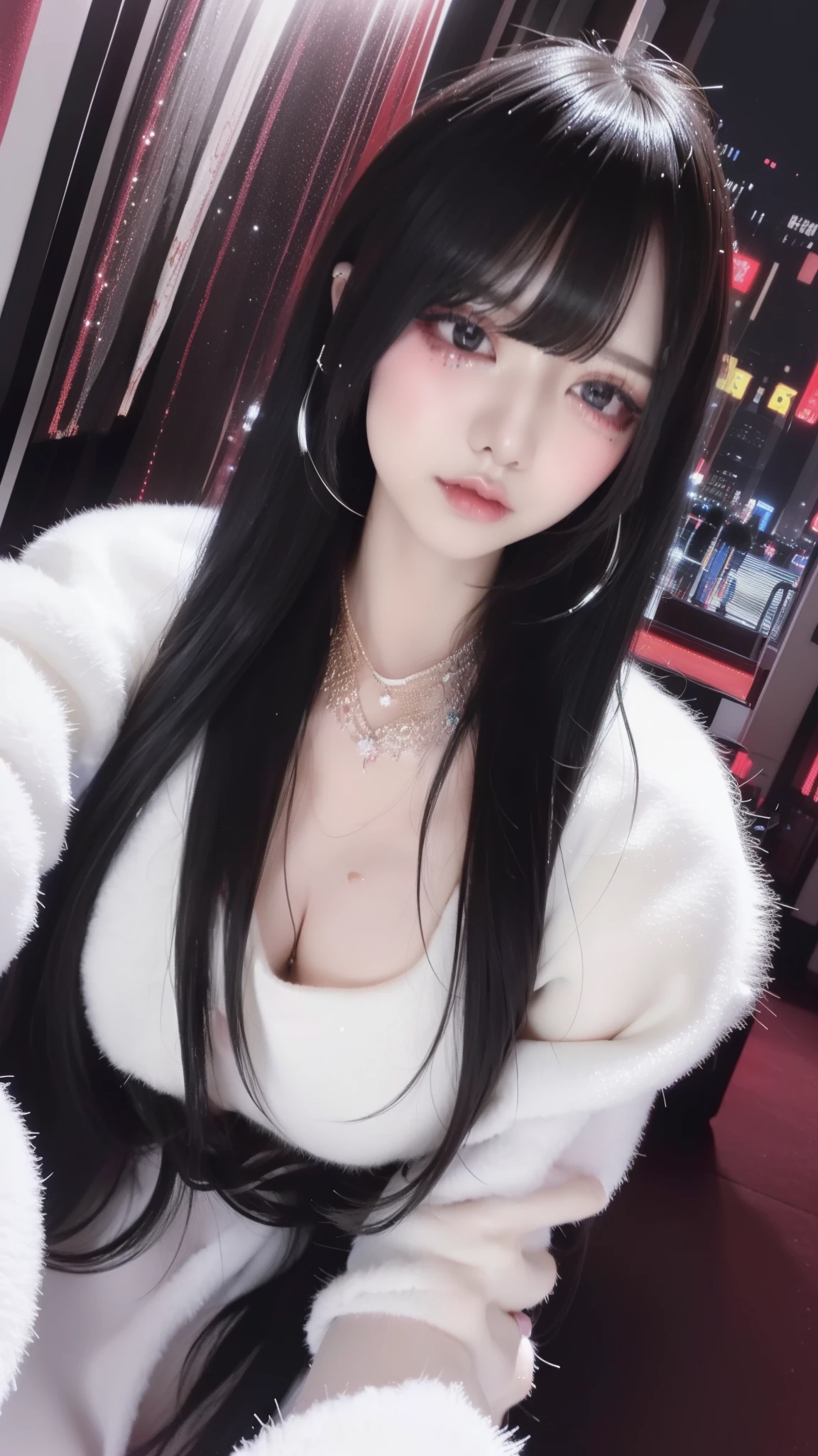(masterpiece、highest quality、8k、32k、masterpiece、Viewing permitted:1.2)、One Girl、Long Hair Girl、Beautiful Japanese Women、Black-haired、Heavy bangs、Hair length、Fluffy white sweater、Accentuate your breasts、(Super big boobs), (jirai makeup, Jirai Girl, Red glitter eye makeup)、City of night、(night life:1.6)