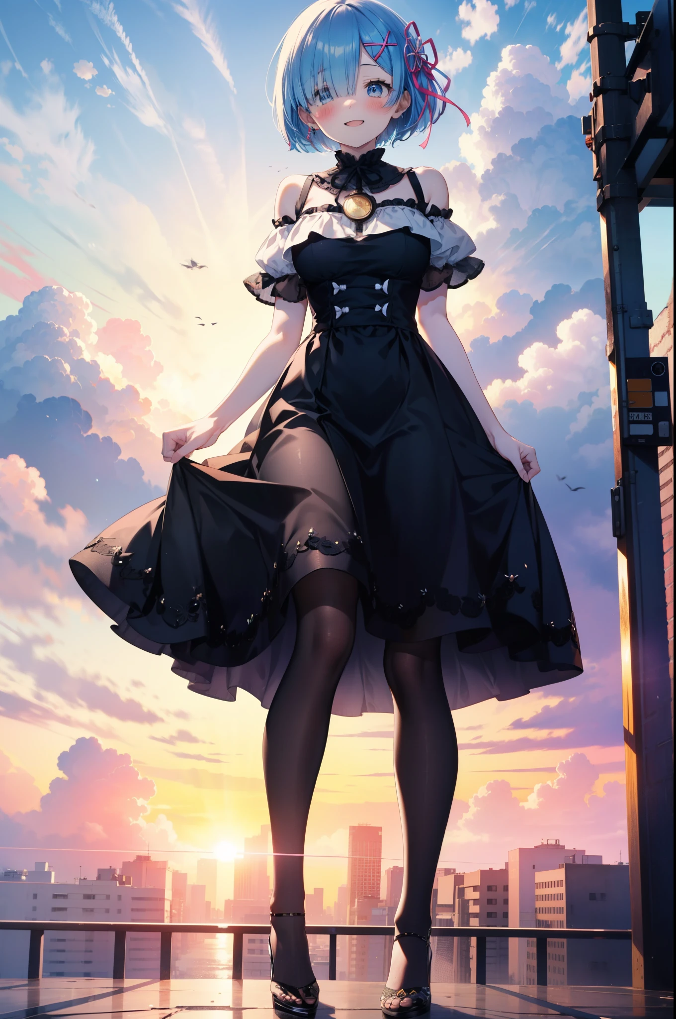 rezeroRem, Rem, blue eyes, Blue Hair, hair ornaments, Hair on one eye, hair ribbon, short hair, x hair ornaments,Rocket Pendant,happy smile, smile, Open your mouth,blush,Short sleeve,Cold shoulder dress,Long skirt,Black pantyhose stiletto heels,morning,morning陽,The sun is rising,Walking,whole bodyがイラストに入るように,
break outdoors, In town,Building district,
break looking at viewer, whole body,
break (masterpiece:1.2), highest quality, High resolution, unity 8k wallpaper, (figure:0.8), (Beautiful fine details:1.6), extRemely detailed face, Perfect lighting, extRemely detailed CG, (Perfect hands, Perfect ???????),