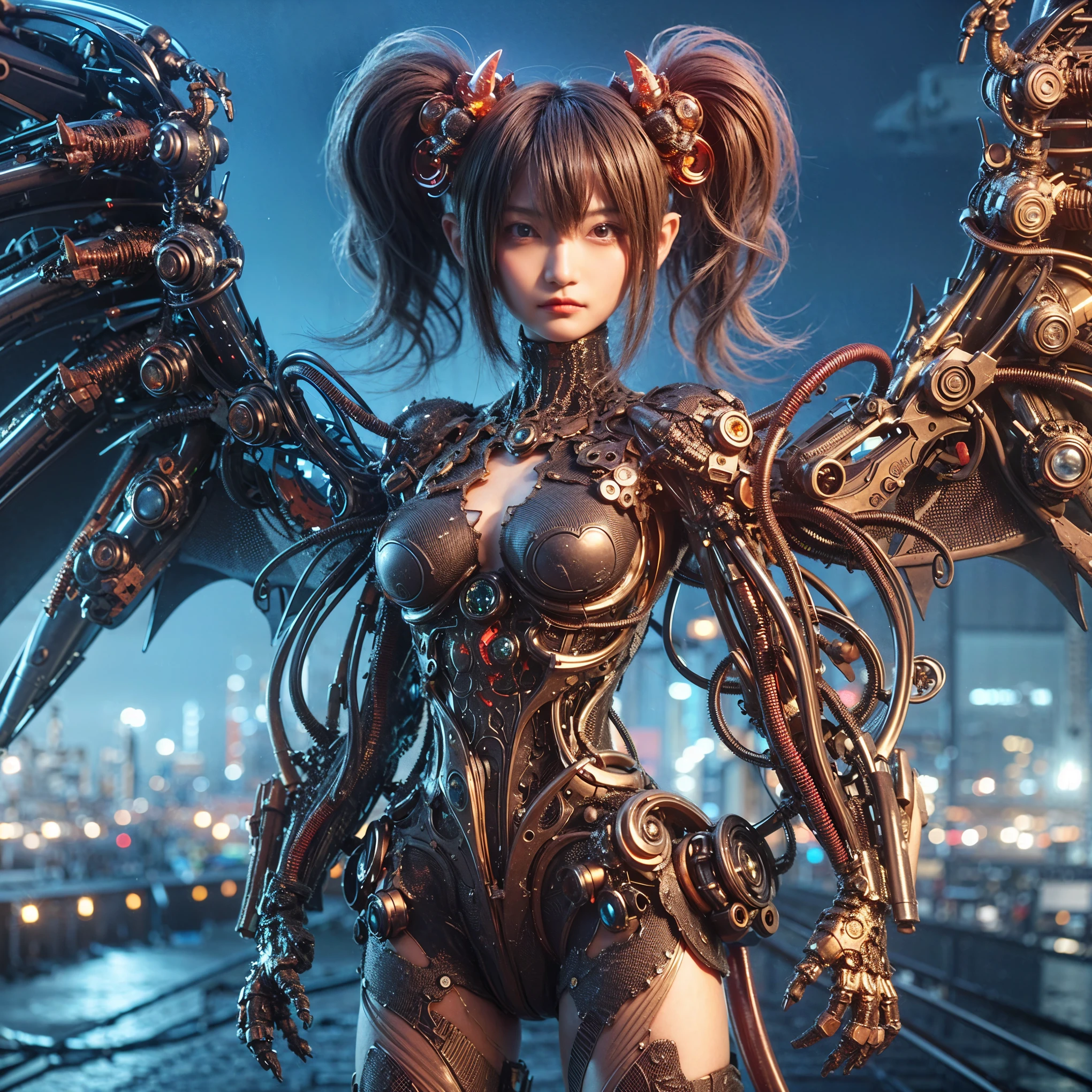 Masterpiece, (best quality:1.2), 8k, Japanese woman in alien-type powered suit, biological tissue base with bronze and gold accent, (extremely cute face), (mechanical bat wings), hydraulic cylinder, power pipe, muscle fiber, ultimately intricate all details, full body shot, (ultimately photo Realistic:1.37), dystopia with a beautiful view at night, (biological:1.2), (biopunk:1.3), Full body photo, Wide-angle, Please generate at least 4 photos.