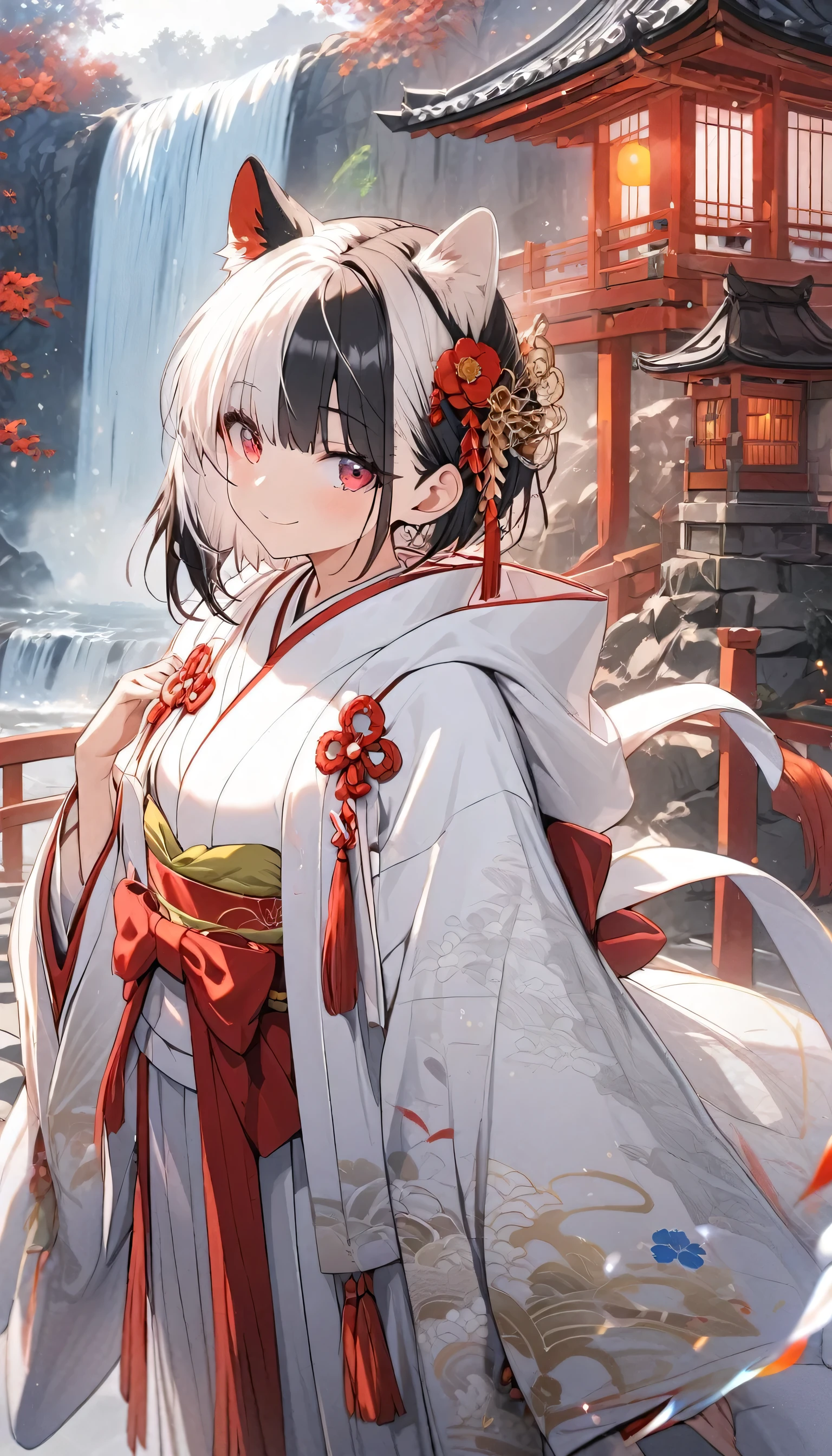 1girl, solo, looking at viewer, smile, short hair, bangs, long sleeves, holding, animal ears, standing, flower, japanese clothes, black hair, red eyes, white hair, multicolored hair, two-tone hair, tattoo, ((split-color hair)), hood, wide sleeves, kimono, white kimono, stairs, rainbow, waterfall, uchikake, wataboushi