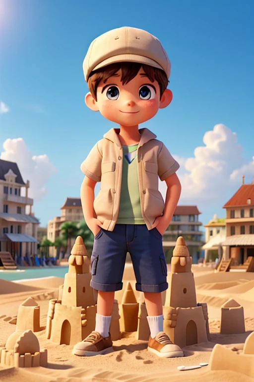 A cute boy in a cap has been building a sandcastle on the city beach since afternoon.