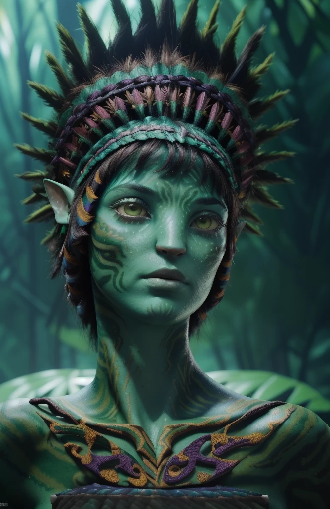 avatar style, (face portrait:1.6), naavi, 1girl, female, (green eyes), ((big detailed alien eyes:1)), ((eyebrowless)), ((pointy ears)), (green skin tone:1.0), (straight hair:1.0), brown hair color, ((long messy hair)), (young adult), 18 years old, face wrinkles, ((wearing colorful tribal clothing)), (wearing tribal acessories), detailed eyes, toned body, muscled body, vibrant colors, glowing, ethereal atmosphere, surrealistic dreamy lighting, textured skin, otherworldly beauty, mesmerizing photography, (best quality, highres), vivid colors, ultrarealistic, skin details, striped skin, sfw, face close-up:0.5, ultradetailed body, ((forest green skin)), dark background, night time, intricatedetails