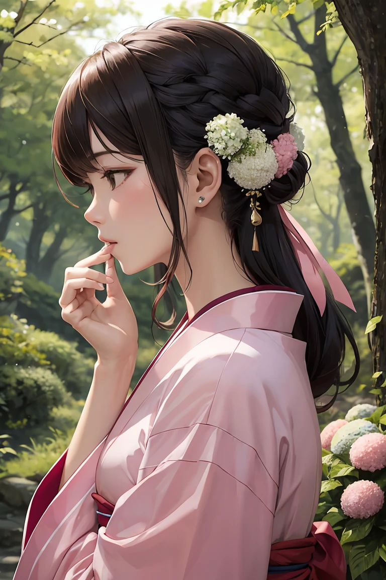 masterpiece ,highest quality, delicateな髪の美しい女性, Flowers, forest, early summer,profile,Fleeting,beauty,delicate,Cinematic,Japanese women,profileのアップ,mature,Shiny woman,Downward Angle,Put one hand over your mouth,Flower Hair Ornaments,Hydrangea,Pink kimono,Loose hair updo