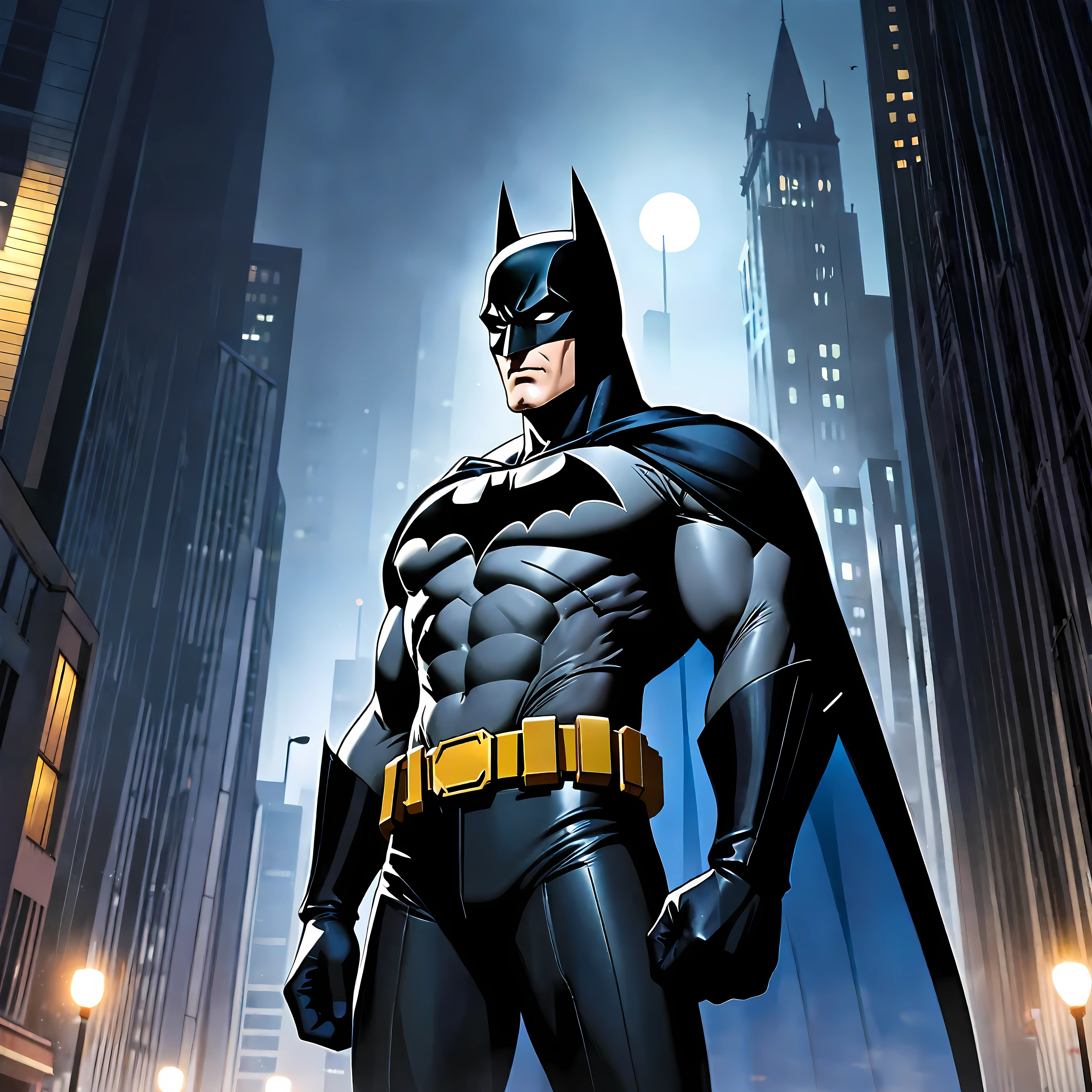 Generate an image in the Cartoon style of 90s Batman the Animated Series featuring Batman, in a Dark Gotham City. Batman should be depicted wearing Batman Suit.

Batman's suit should be rendered with attention to detail. The suit should convey a sense of sadness and fear, reflecting Batmans unique character traits.

Grogu should be depicted standing with his cape blown by the wind

Pay close attention to capturing Batman's strong and expressive features. Ensure that his appearance remains faithful to his portrayal in the Batman the Animated series that aired during 1990s.

The Gotham City setting should be rendered with Skyscrapers, Dark Sky, and dim city light sunlight filtering through. 

Overall, aim to create a captivating and emotionally resonant portrayal of Batman in a Gotham City, capturing the essence of his character and the atmosphere of the Batman the Animated Series style.

Rendered in ultra-high definition with UHD and retina quality, this masterpiece ensures anatomical correctness and textured skin with super detail. With a focus on high quality and accuracy, this award-winning portrayal captures every nuance in stunning 16k resolution, immersing viewers in its lifelike depiction. Avoid extreme angles or exaggerated expressions to maintain realism. ((perfect_composition, perfect_design, perfect_layout, perfect_detail, ultra_detailed)), ((enhance_all, fix_everything)), More Detail, Enhance.