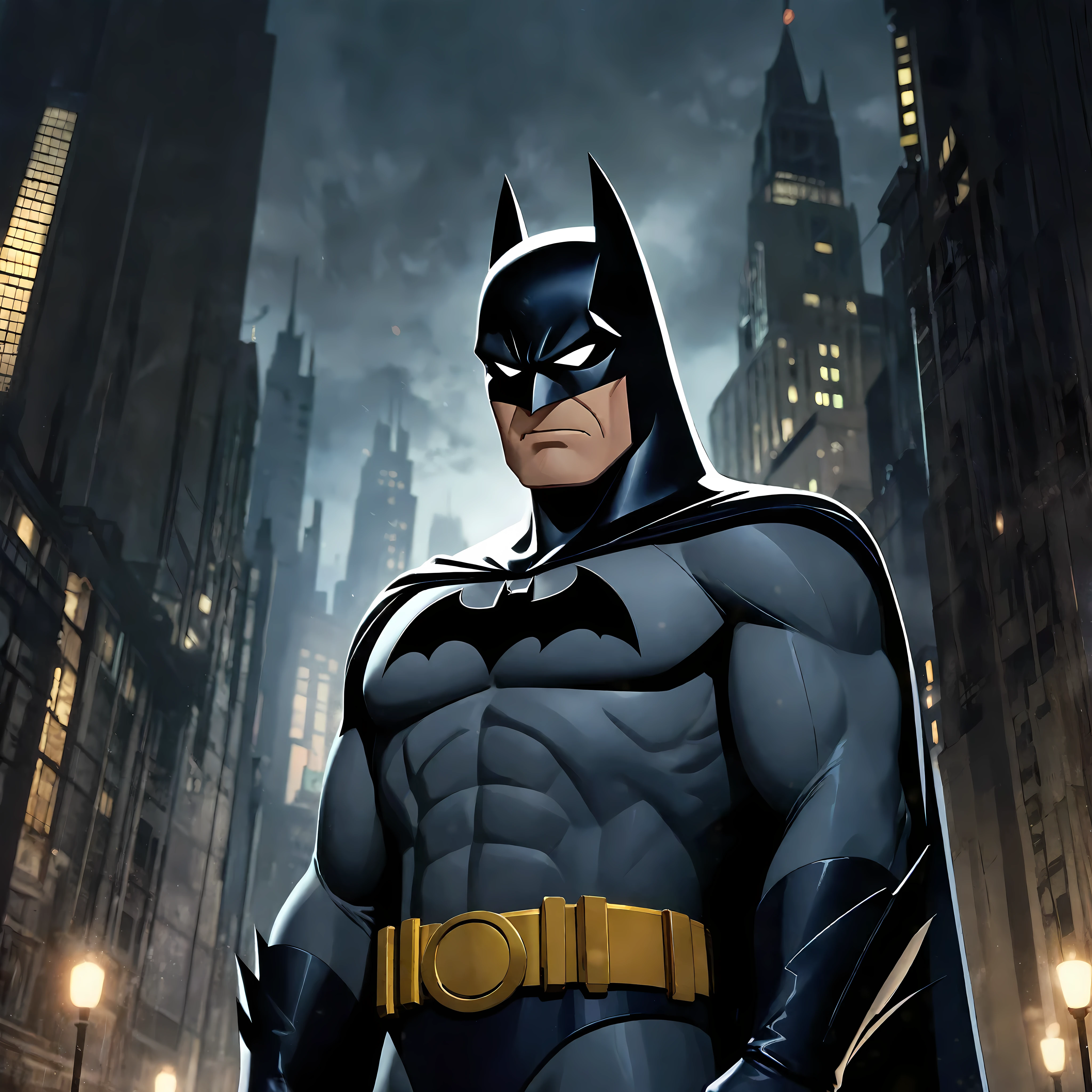 Generate an image in the Cartoon style of 90s Batman the Animated Series featuring Batman, in a Dark Gotham City. Batman should be depicted wearing Batman Suit.

Batman's suit should be rendered with attention to detail. The suit should convey a sense of sadness and fear, reflecting Batmans unique character traits.

Grogu should be depicted standing with his cape blown by the wind

Pay close attention to capturing Batman's strong and expressive features. Ensure that his appearance remains faithful to his portrayal in the Batman the Animated series that aired during 1990s.

The Gotham City setting should be rendered with Skyscrapers, Dark Sky, and dim city light sunlight filtering through. 

Overall, aim to create a captivating and emotionally resonant portrayal of Batman in a Gotham City, capturing the essence of his character and the atmosphere of the Batman the Animated Series style.

Rendered in ultra-high definition with UHD and retina quality, this masterpiece ensures anatomical correctness and textured skin with super detail. With a focus on high quality and accuracy, this award-winning portrayal captures every nuance in stunning 16k resolution, immersing viewers in its lifelike depiction. Avoid extreme angles or exaggerated expressions to maintain realism. ((perfect_composition, perfect_design, perfect_layout, perfect_detail, ultra_detailed)), ((enhance_all, fix_everything)), More Detail, Enhance.