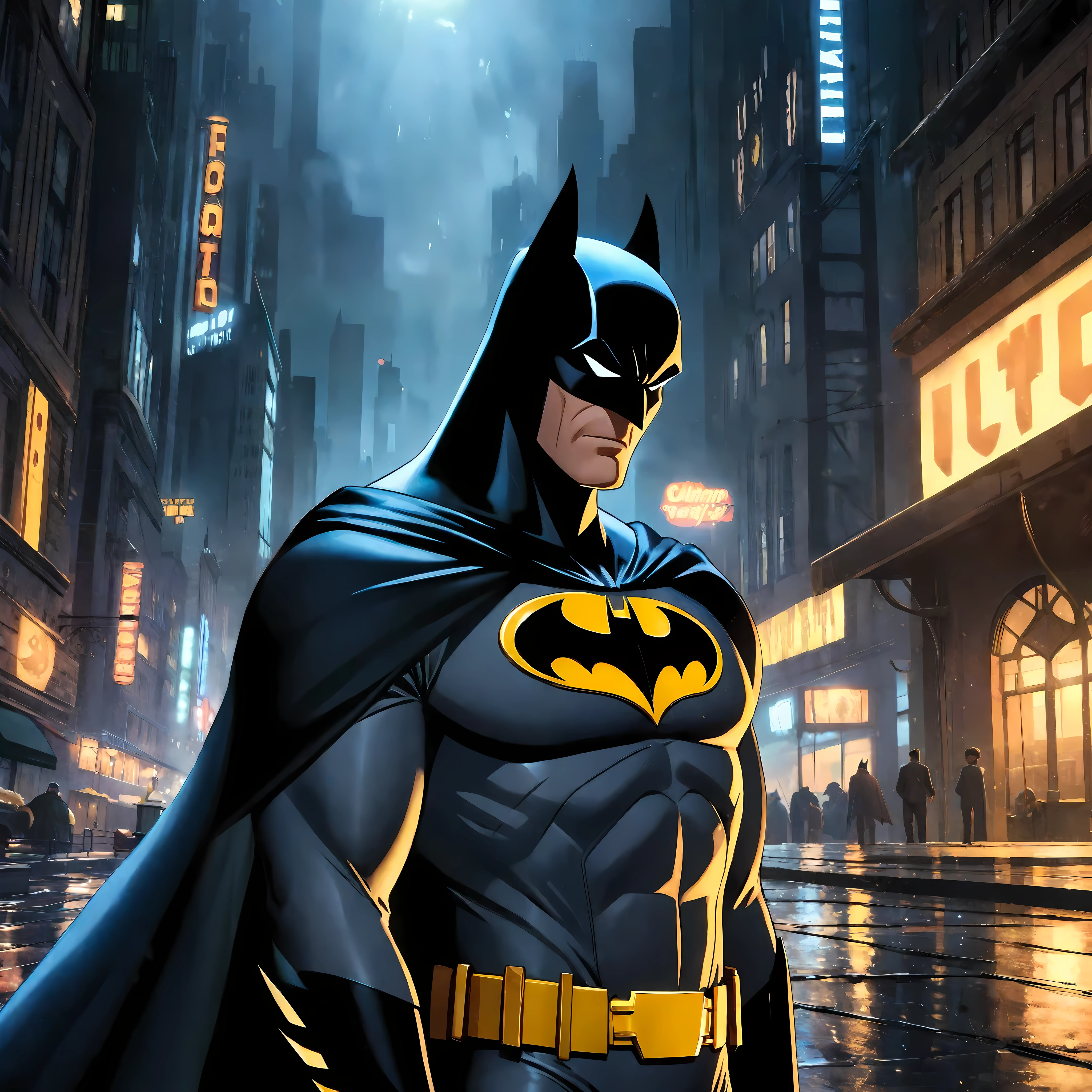 Generate an image in the Cartoon style of 90s Batman the Animated Series featuring Batman, in a Dark Gotham City. Batman should be depicted wearing Batman Suit.

Batman's suit should be rendered with attention to detail. The suit should convey a sense of sadness and fear, reflecting Batmans unique character traits.

Grogu should be depicted standing with his cape blown by the wind

Pay close attention to capturing Batman's strong and expressive features. Ensure that his appearance remains faithful to his portrayal in the Batman the Animated series that aired during 1990s.

The Gotham City setting should be rendered with Skyscrapers, Dark Sky, and dim city light sunlight filtering through. 

Overall, aim to create a captivating and emotionally resonant portrayal of Batman in a Gotham City, capturing the essence of his character and the atmosphere of the Batman the Animated Series style.

Rendered in ultra-high definition with UHD and retina quality, this masterpiece ensures anatomical correctness and textured skin with super detail. With a focus on high quality and accuracy, this award-winning portrayal captures every nuance in stunning 16k resolution, immersing viewers in its lifelike depiction. Avoid extreme angles or exaggerated expressions to maintain realism. ((perfect_composition, perfect_design, perfect_layout, perfect_detail, ultra_detailed)), ((enhance_all, fix_everything)), More Detail, Enhance.