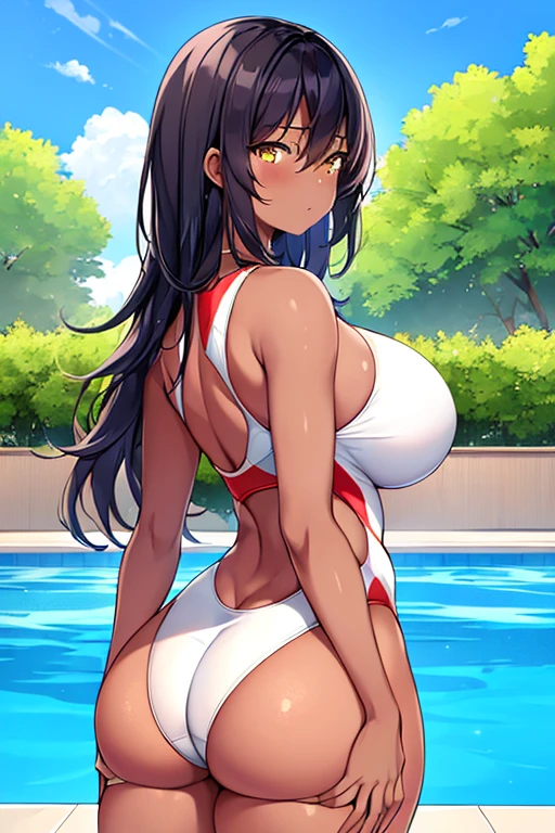 1girl, dark skin, dark-skinned female, yellow eyes, looking away, facing away, teacher, breasts, large breasts, thick thighs, from behind, ass, huge ass, ass focus, pool, poolside, standing, white hair, one-piece swimsuit, competition swimsuit, tall, looking at another, facing at another