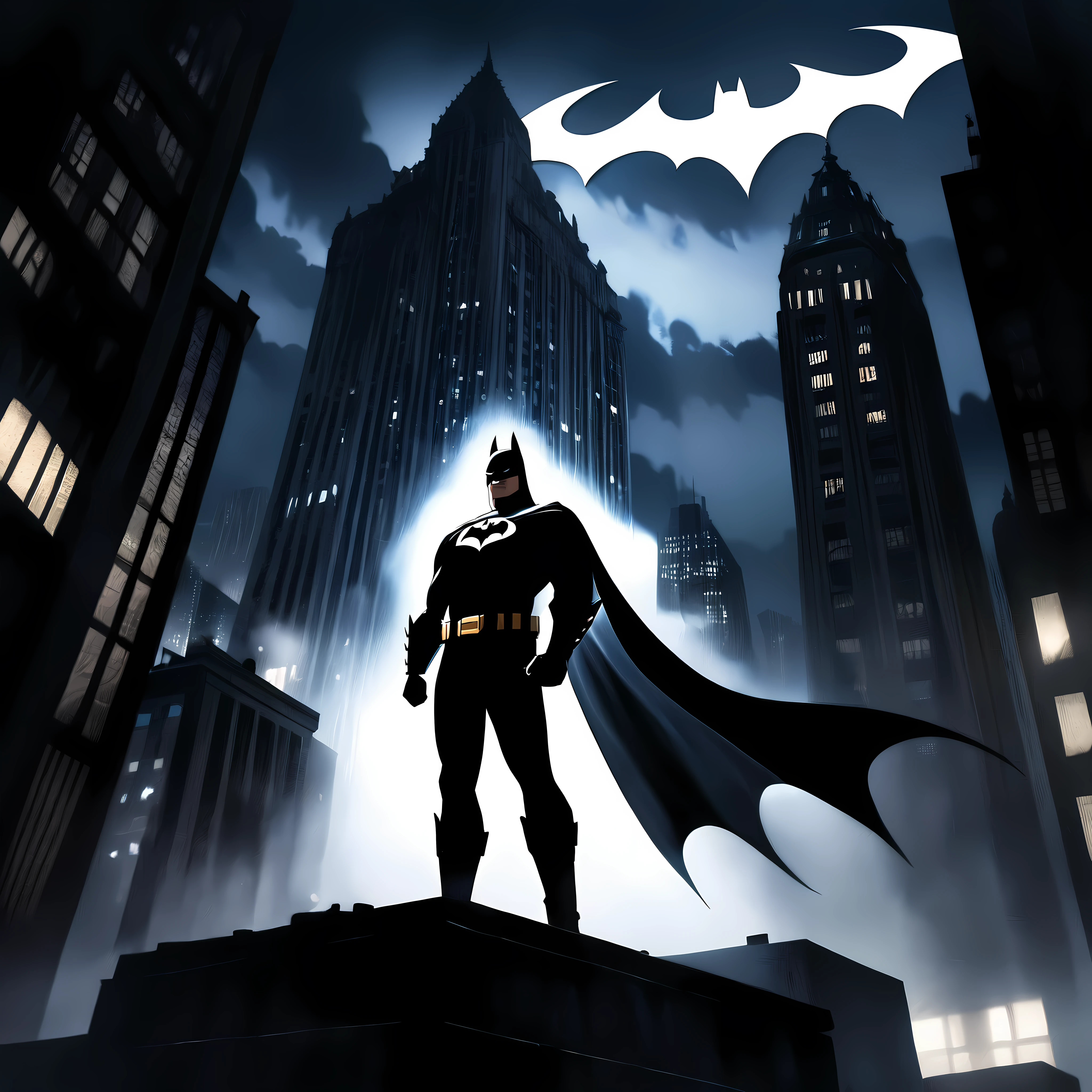 Create an image that captures the iconic essence of 90s animation, inspired by the dark, atmospheric style of 'Batman: The Animated Series.' Visualize Batman in a heroic pose, standing atop a skyscraper in Gotham City. His cape billows dramatically in the wind, and his muscular silhouette is stark against the cityscape.

The backdrop is the gloomy, gothic architecture of Gotham, with towering buildings and dimly lit streets. The night sky is overcast, with the Bat-Signal shining brightly through the clouds, casting an eerie glow over the scene. The intricate details of the buildings and the play of light and shadows emphasize the city's dark, mysterious nature.

The viewpoint captures Batman from a low angle, highlighting his imposing stature and the heroic presence of his pose. Strategic lighting illuminates his strong, determined expression and the iconic bat emblem on his chest, creating a striking contrast with the dark surroundings. The overall ambiance integrates desaturated tones with deep blues and grays, enriching the scene with a sense of depth and intensity, making Batman appear both formidable and awe-inspiring, true to the spirit of the animated series.