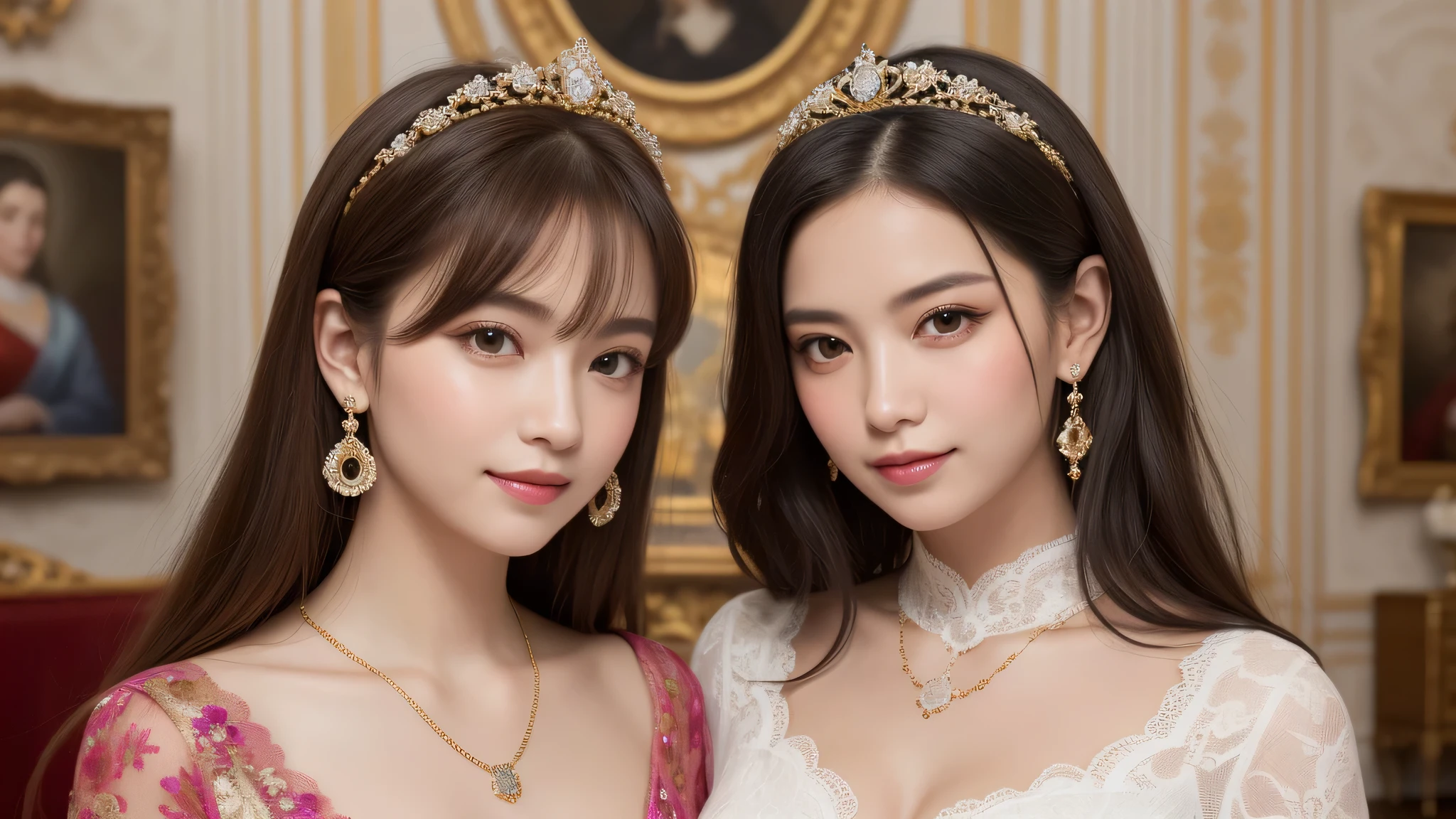 kawaii face, (2girl), (cute smile, blonde hair:1.2), (Super gorgeous lace costume, princess style:1.4), (ots of lace decorations, earrings, necklace), (costume with frills), cleavage, (best Quality:1.4), (hyper-realistic, hight resolution), Professional Photography, standing, Indoor, (royal living room, opulence, splendor, gorgeous, wall paintings of women, jewels, gold, exquisite:1.4), Close up portrait of girl, staring at me, (Fine face:1.2), 