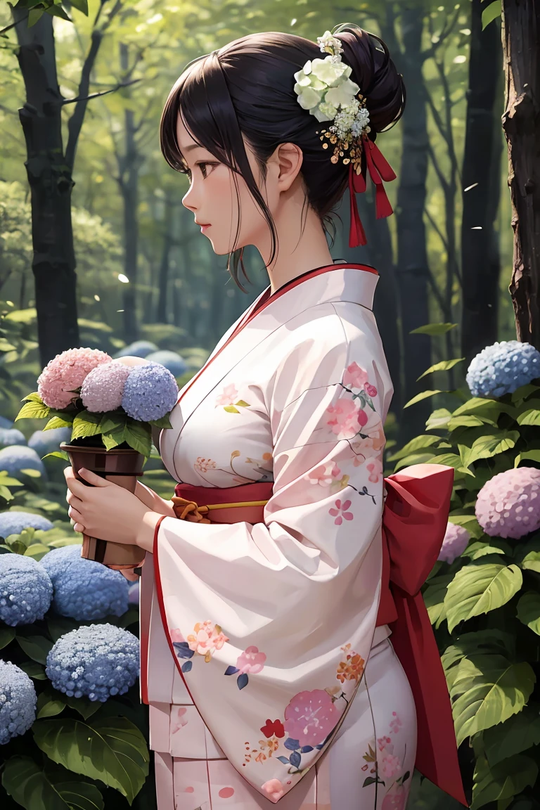 masterpiece ,highest quality, delicateな髪の美しい女性, Flowers, forest, early summer,profile,Fleeting,beauty,delicate,Cinematic,Japanese women,profileのアップ,mature,Shiny woman,Downward Angle,Flower Hair Ornaments,Hydrangea,Pink kimono,Loose updo