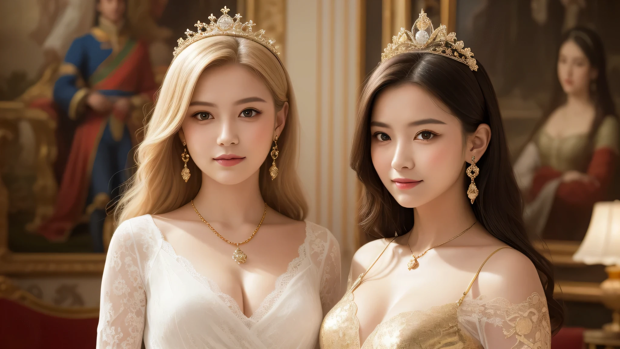 kawaii face, (2girl), (cute smile, blonde hair:1.2), (Super gorgeous lace costume, princess style:1.4), (ots of lace decorations, earrings, necklace), (costume with frills), cleavage, (best Quality:1.4), (hyper-realistic, hight resolution), Professional Photography, standing, Indoor, (royal living room, opulence, splendor, gorgeous, wall paintings of women, jewels, gold, exquisite:1.4), Close up portrait of girl, staring at me, (Fine face:1.2),