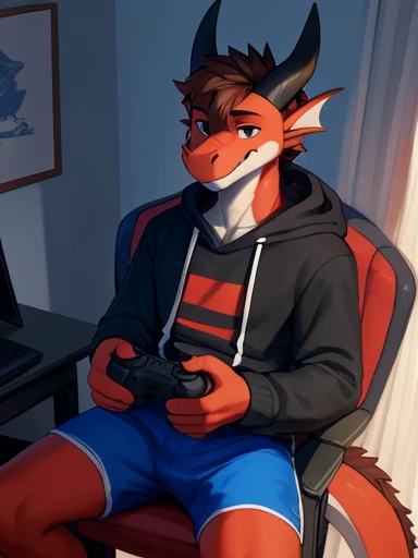 ((Jonathan 
A red and black male dragon with brown hair and black eyes and black horns Jonathan a red and black anthropomorphic male dragon with black eyes and brown hair and black horns wearing a blue and orange hoodie and blue shorts sitting in a red and black gaming chair playing videogames on his computer in his bedroom being happy 
Has a happy face smiling
Looks happy and handsome young tall and muscular male dragon)) ,pose))) , big chest , day, , sensual, detailed, uploaded to e621, beautiful and detailed portrait of an anthropomorphic , (((male))) uploaded to e621, zaush, foxovh, movie lighting, thicc, alone, detailed, 8k res, hires, detailed eyes, good anatomy, good perspective, towards viewer, by bebebebebe, by sicklyhypnos, by gerkk, by orf, nice hands, perfect hands, happy, romantic, ray tracing lighting, rtx on, By Bebebebebe, by SpiritD, by KOBITOWANI, b est quality, masterpiece, perfect anatomy, detai led picture)), 1femboy, , sexy body, fluffy tail, shy, horny, romantic, up close, wearing not a single bit of clothing, huge thighs, Jonathan 
Jonathan a red and black anthropomorphic male dragon with black eyes and brown hair and black horns wearing a blue and orange hoodie and blue shorts sitting in a red and black gaming chair playing videogames on his computer in his bedroom being happy 
Has a happy face smiling
Looks happy and handsome young tall and muscular male dragon