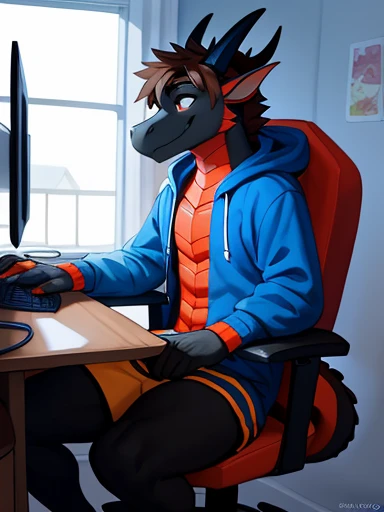 ((Jonathan 
A red and black male dragon with brown hair and black eyes and black horns Jonathan a red and black anthropomorphic male dragon with black eyes and brown hair and black horns wearing a blue and orange hoodie and blue shorts sitting in a red and black gaming chair playing videogames on his computer in his bedroom being happy 
Has a happy face smiling
Looks happy and handsome young tall and muscular male dragon)) ,pose))) , big chest , day, , sensual, detailed, uploaded to e621, beautiful and detailed portrait of an anthropomorphic , (((male))) uploaded to e621, zaush, foxovh, movie lighting, thicc, alone, detailed, 8k res, hires, detailed eyes, good anatomy, good perspective, towards viewer, by bebebebebe, by sicklyhypnos, by gerkk, by orf, nice hands, perfect hands, happy, romantic, ray tracing lighting, rtx on, By Bebebebebe, by SpiritD, by KOBITOWANI, b est quality, masterpiece, perfect anatomy, detai led picture)), 1femboy, , sexy body, fluffy tail, shy, horny, romantic, up close, wearing not a single bit of clothing, huge thighs, Jonathan 
Jonathan a red and black anthropomorphic male dragon with black eyes and brown hair and black horns wearing a blue and orange hoodie and blue shorts sitting in a red and black gaming chair playing videogames on his computer in his bedroom being happy 
Has a happy face smiling
Looks happy and handsome young tall and muscular male dragon