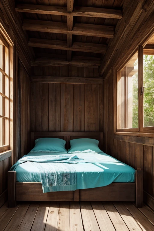 old ancient wooden bed , view in front , cyan textile
