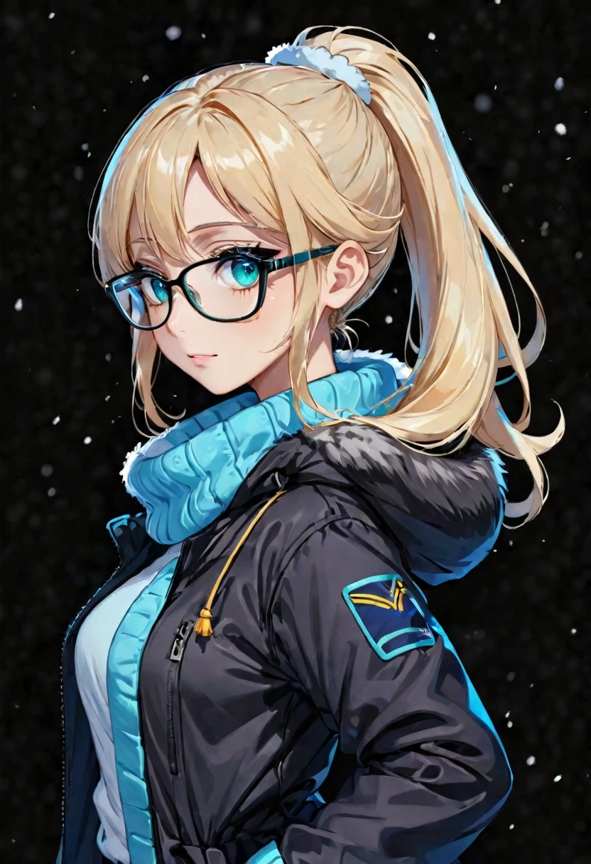 Anime girl, portrait style, black background, long light blonde ponytail, bright turquoise eyes,black glasses, winter clothing, earmuffs, winter coat