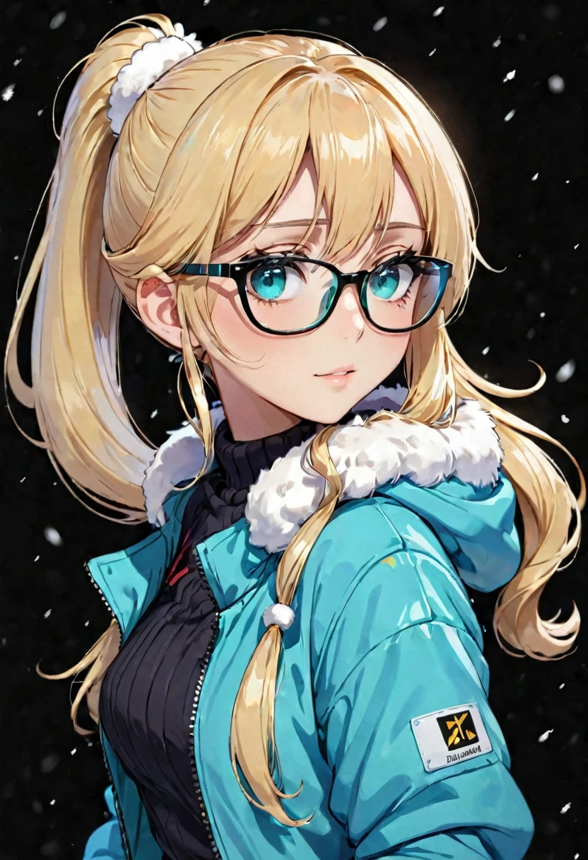 Anime girl, portrait style, black background, long light blonde ponytail, bright turquoise eyes,black glasses, winter clothing, earmuffs, winter coat