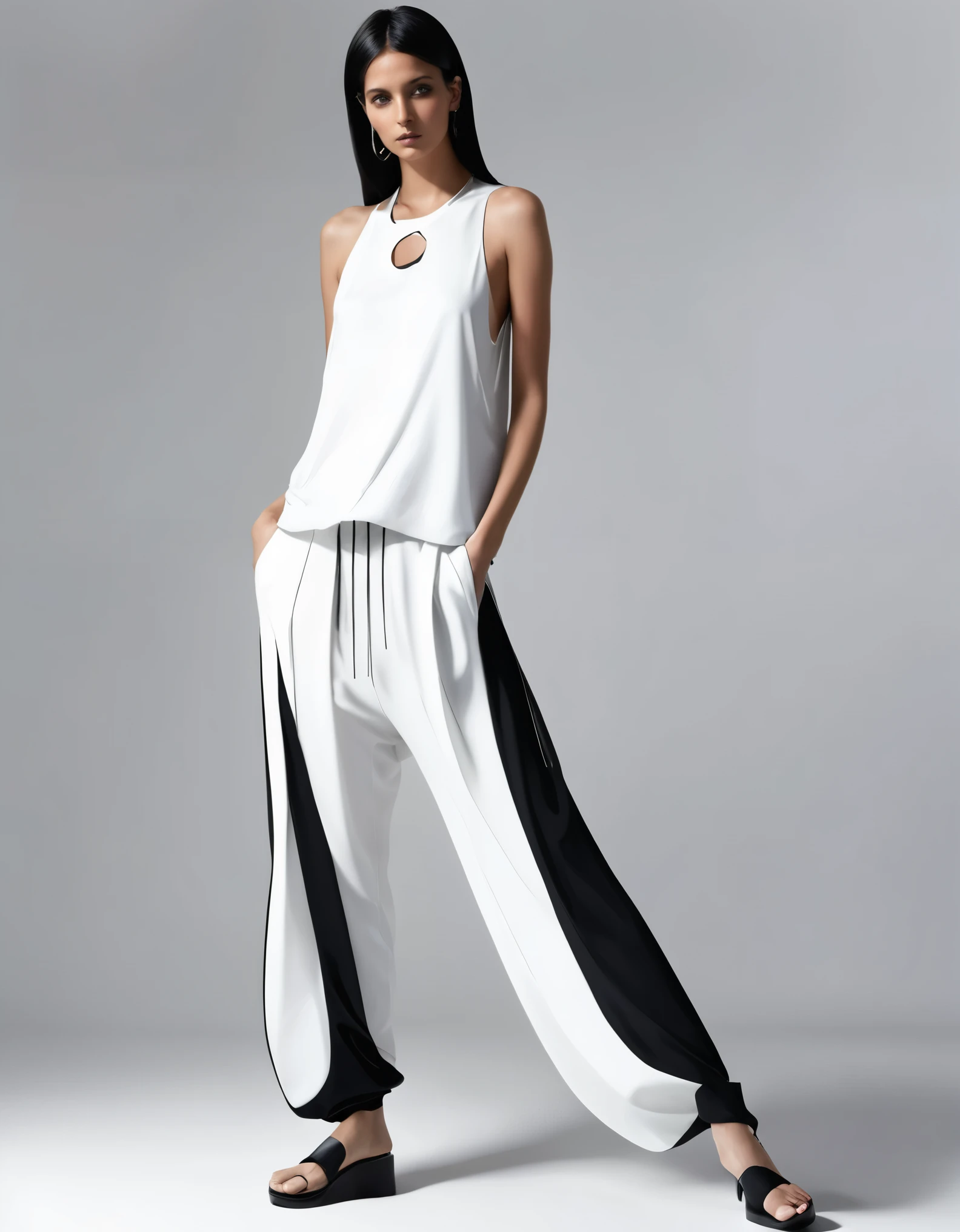 (nsfw:1.2), (masterpiece, Best Quality:1.4), digital art, Generate an image of a modern and avant-garde fashion outfit. The outfit consists of a single piece that combines a loose, straight-line top and drop-crotch pants. The entire outfit is predominantly white.

The top features a simple crew neckline and falls straight down from the shoulders to the ankles, creating a flowing silhouette. The pants have a distinctive drop-crotch design, with the crotch area hanging low and the legs gradually tapering down to a more fitted shape. On the right leg, there is an abstract, hand-drawn-style pattern or sketch that adds a unique artistic touch.

Around the neck, the model is wearing a long, black necklace with a large central ring and multiple thin straps hanging down, creating a strong visual contrast against the white outfit. The footwear is black platform sandals with a simple yet bold design that complements the overall modern and edgy look of the outfit.

The model is posed against a plain background, with a relaxed and confident stance, highlighting the unique silhouette and details of the outfit