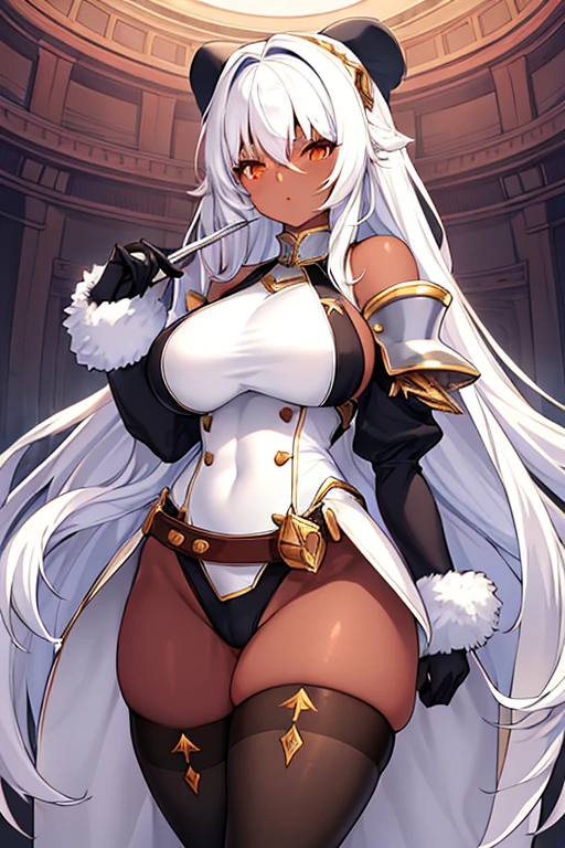 1girl, dark-skin, dark-skinned female, white hair, long hair, black leotard, white trim, fur trim, large breasts, thick thighs, belt, thighhighs, pantyhose, knife, mature female, milf, toned, tall, shoulder armor, sleeves, long sleeves, gloves, elbow gloves,