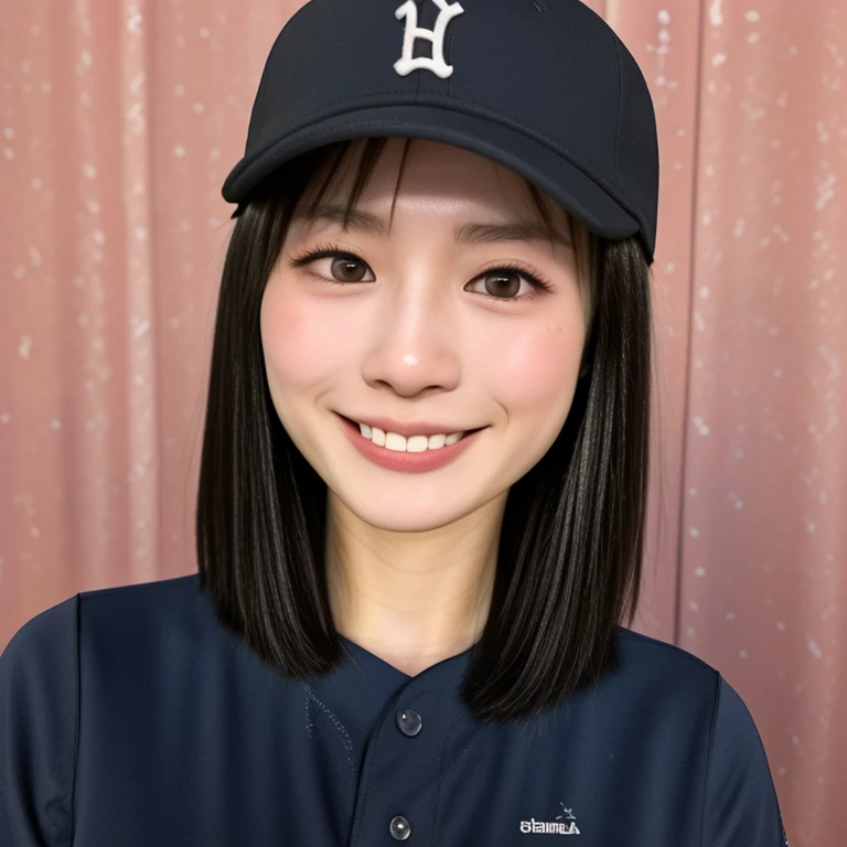 (kawaii 24 year-old Japanese girl, Nogizaka idol, Korean idol, female baseball player), healthy athlete body, (glossy black hair, very short hair, pixie cut, bangs:1.3), beautiful black eyes, rounded face, single eyelid, whitened even teeth, (no makeup:1.2), (big laughing:1.2), (baseball uniform, baseball cap:1.3), extra small breasts, BREAK, (park background, summer daytime:1.2), (dynamic angle, bust shot:1.2), BREAK, (masterpiece, best quality, photo realistic, official art:1.4), (UHD, 8K quality wallpaper, high resolution, raw photo, golden ratio:1.3), (shiny skin), professional lighting, physically based rendering, award winning, (highly detailed skin texture, extremely detailed face and eyes textures), Carl Zeiss 85 mm F/1.4, depth of field, (1girl, solo),