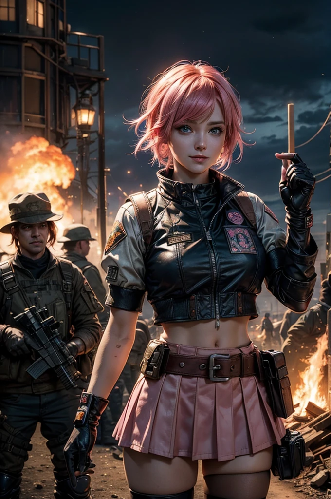 1girl,cowboy shot, beautiful nora_valkyrie, looking at viewer, smile, short hair, blue eyes,heart design on t-shirt, gloves, jacket, pink skirt, pink belt, short sleeves, puffy sleeves, single armband, fingerless gloves, short hair, orange hair, pink gloves, dynamic pose, night, lightning, standing near old steam train, post-apocalypse, dystopian future, crowd, (crowd in military uniforms), bonfires, (volumetric lighting), best quality, masterpiece, intricate details, tonemapping, sharp focus, hyper detailed, trending on Artstation,