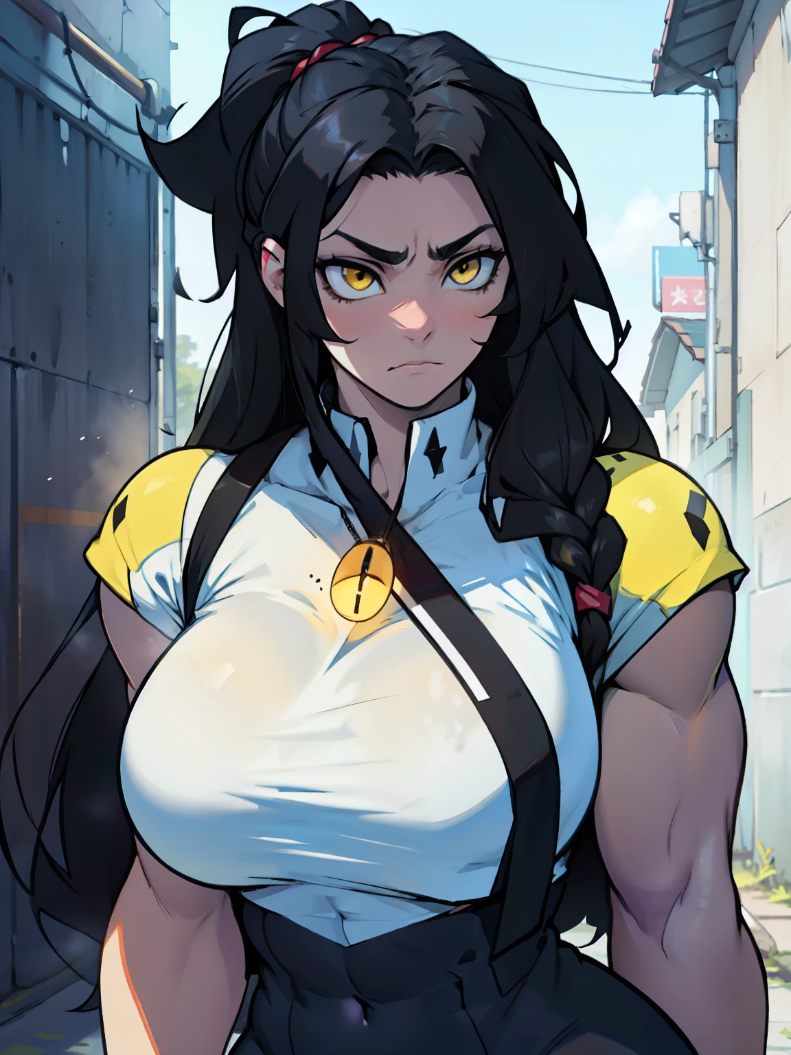 sad pale muscular girl breasts hair black hair yellow eyes extremely long hair sad massive breasts