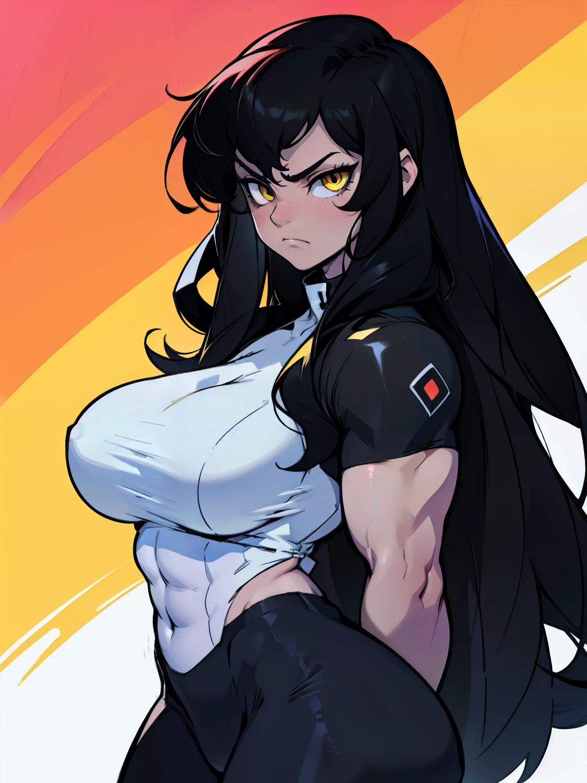 sad pale muscular girl breasts hair black hair yellow eyes extremely long hair sad massive breasts