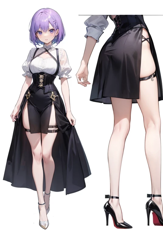 Purple hair, hairs between eyes,crossed bangs, bob cut,Adult female,(((body harness))),((Roll up your sleeves)),(Corset),(Tight skirt),(high heels),The heel is visible,((Simple White background)),Smile,((Full body)),((whole body)),Character Sheet,