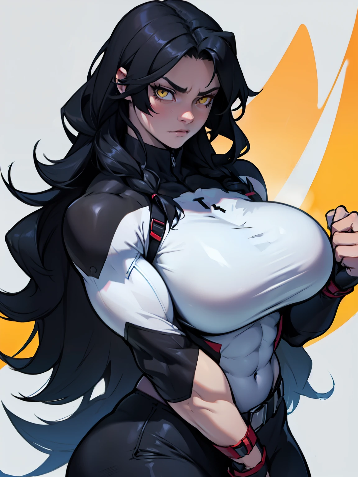 sad pale muscular girl hair black hair yellow eyes extremely long hair sad massive breasts