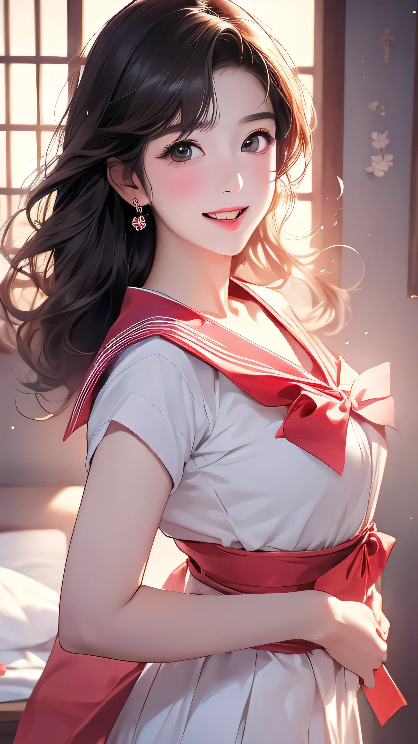 Open chest、Laughter、room、8k、Delicate face、Detailed face、Simple Background、Japanese High 、Sailor suit