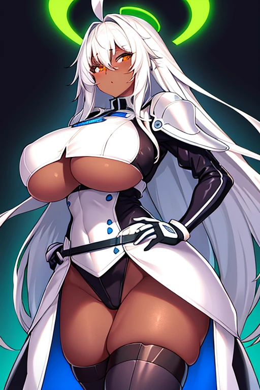 1girl, dark-skin, dark-skinned female, white hair, long hair, black leotard, white trim, large breasts, thick thighs, belt, thighhighs, pantyhose, knife, mature female, milf, toned, tall, shoulder armor, sleeves, long sleeves, gloves, elbow gloves, neon, neon trim, neon lights, futuristic, science-fiction, tech, machinery