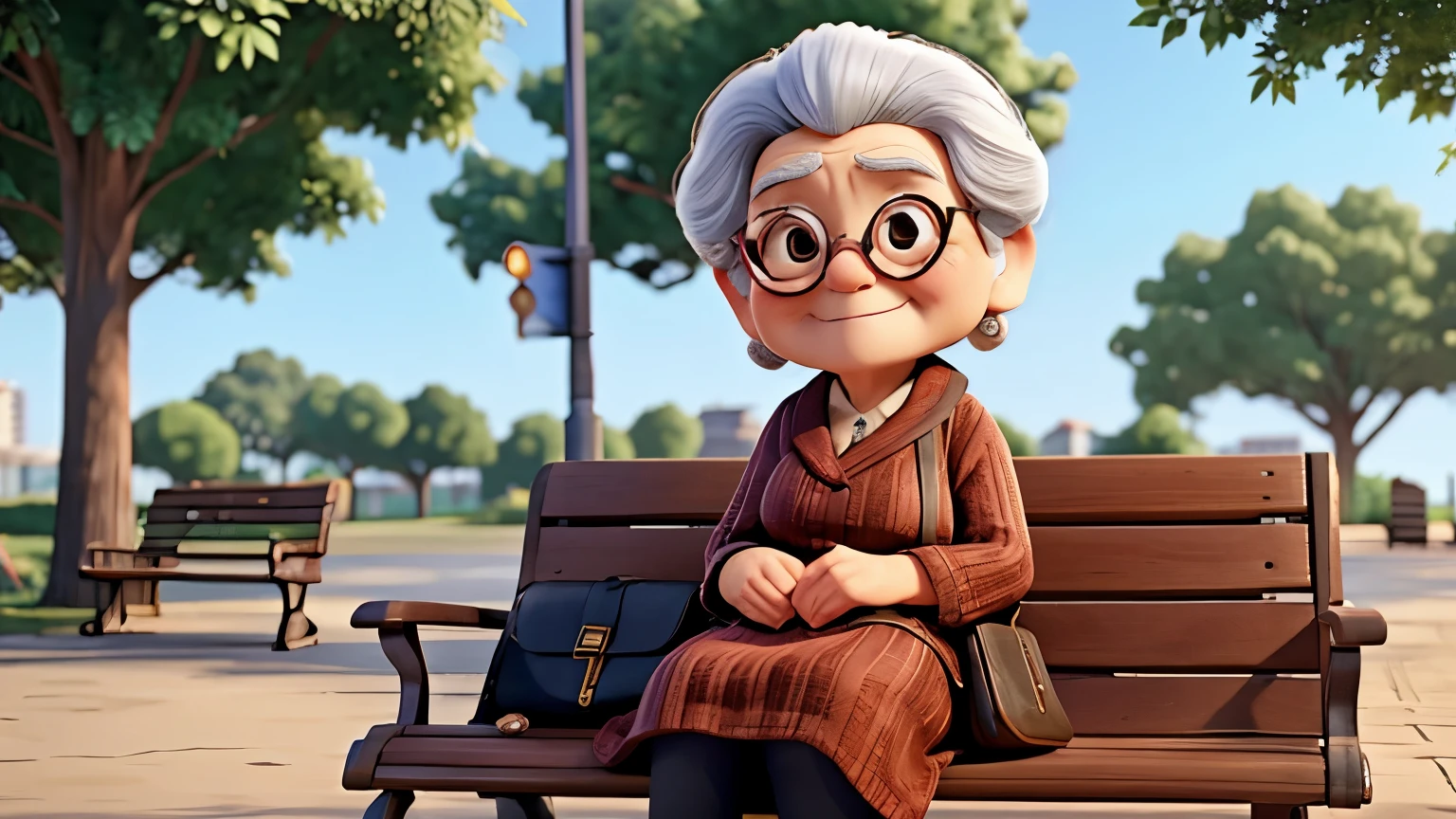 an old lady sitting on a park bench with a suitcase beside her