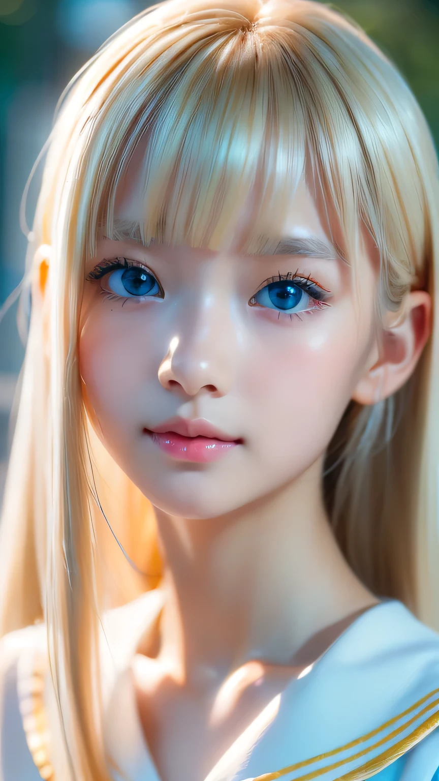 RAW Photos、((((Extremely beautiful portrait)))、(((Bright and fair skin))、1 girl、、Sailor suit、A  pretty, bright, natural platinum blonde beauty.、((Gorgeous, natural, bright white platinum blonde))、Super long straight hair、Beautiful Bangs、[Attractive large bright blue eyes]、Smooth, thin and super long hair、Eyeliner、Hair between the eyes、smile、((masterpiece、最high quality、Ultra Detail、Film Light、Intricate details、High resolution、8k、Very detailed))、Detailed Background、8k UHD、Digital SLR、Soft Light、high quality、Film Grain、Fujifilm XT3、Shallow depth of field、Natural light、(Perfect hands)、Perfect beautiful face、Small Face Beauty、round face、Cheek gloss highlighter