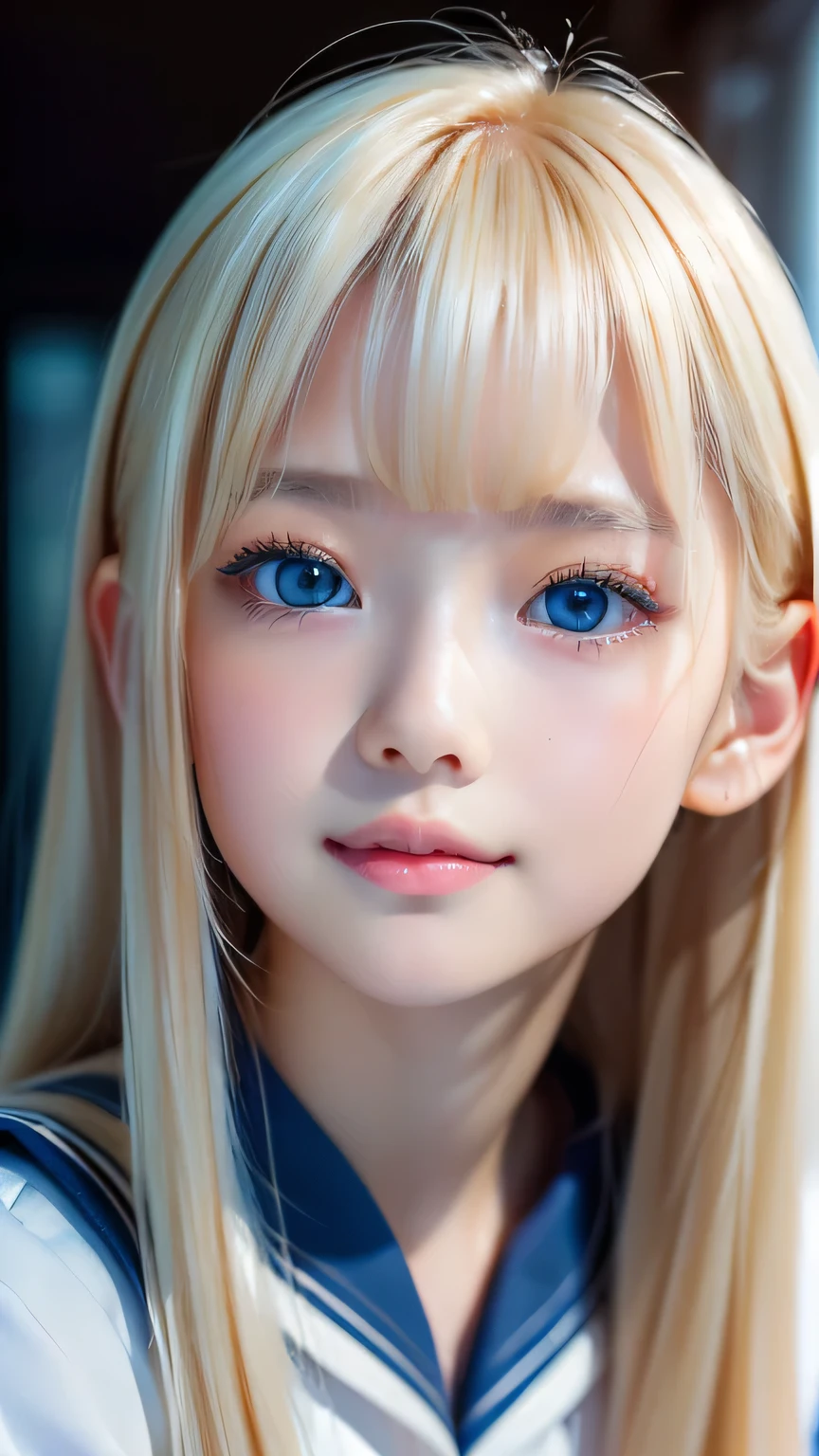 RAW Photos、((((Extremely beautiful portrait)))、(((Bright and fair skin))、1 girl、、Sailor suit、A 15-year-old pretty, bright, natural platinum blonde beauty.、((Gorgeous, natural, bright white platinum blonde))、Super long straight hair、Beautiful Bangs、[Attractive large bright blue eyes]、Smooth, thin and super long hair、Eyeliner、Hair between the eyes、smile、((masterpiece、最high quality、Ultra Detail、Film Light、Intricate details、High resolution、8k、Very detailed))、Detailed Background、8k UHD、Digital SLR、Soft Light、high quality、Film Grain、Fujifilm XT3、Shallow depth of field、Natural light、(Perfect hands)、Perfect beautiful face、Small Face Beauty、round face、Cheek gloss highlighter