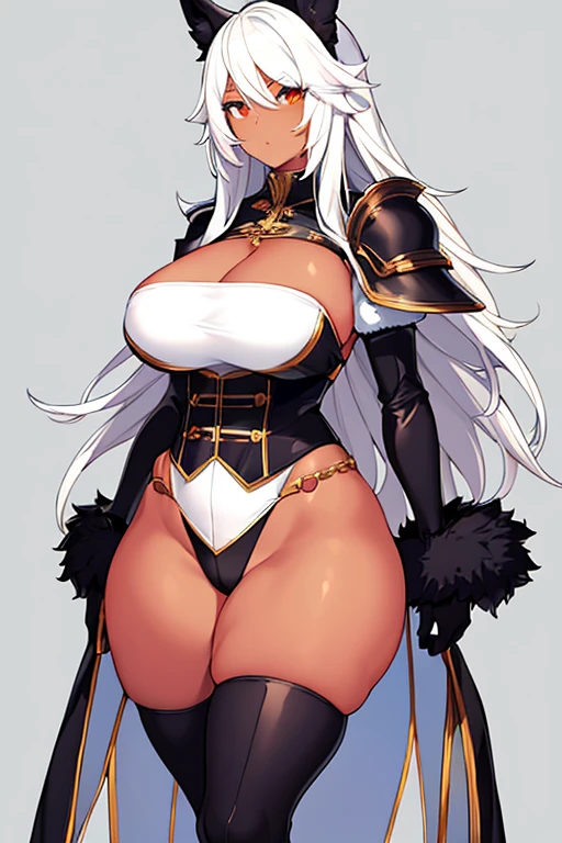 1girl, dark-skin, dark-skinned female, white hair, long hair, black leotard, white trim, fur trim, large breasts, thick thighs, belt, thighhighs, black thighhighs, knife, mature female, milf, toned, tall, shoulder armor, sleeves, long sleeves, gloves, elbow gloves,