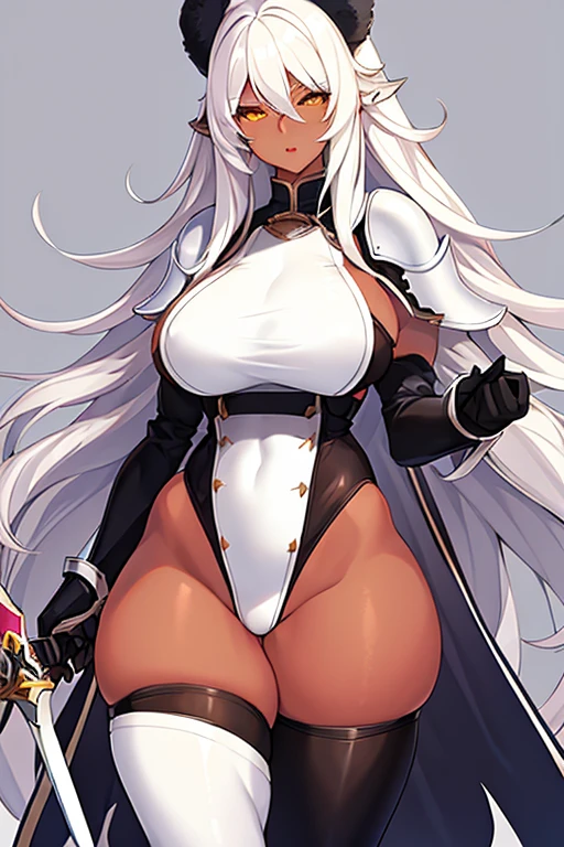 1girl, dark-skin, dark-skinned female, white hair, long hair, black leotard, white trim, fur trim, large breasts, thick thighs, belt, thighhighs, black thighhighs, knife, mature female, milf, toned, tall, shoulder armor, sleeves, long sleeves, gloves, elbow gloves,