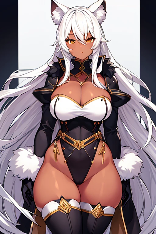 1girl, dark-skin, dark-skinned female, white hair, long hair, black leotard, white trim, fur trim, large breasts, thick thighs, belt, thighhighs, black thighhighs, knife, mature female, milf, toned, tall, shoulder armor, sleeves, long sleeves, gloves, elbow gloves,
